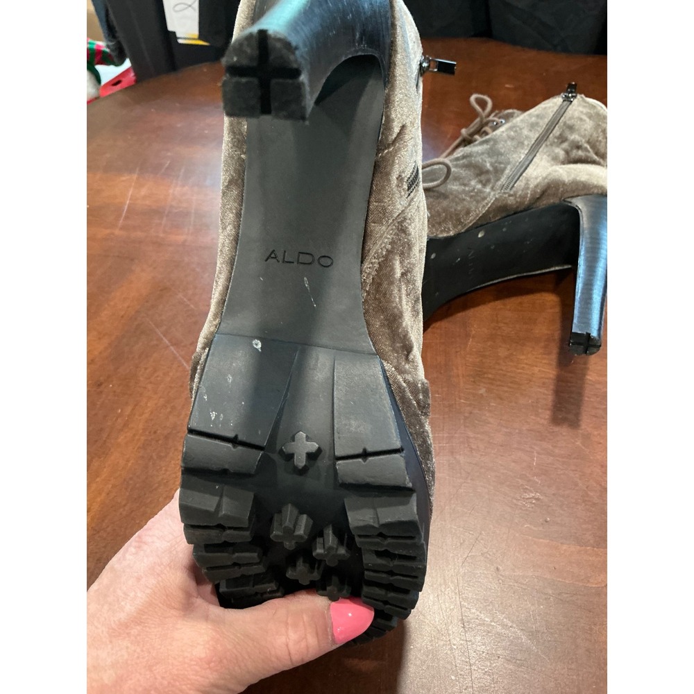 ALDO Aliria Velvet Boots Sz 11 Brown Lace Up Platform Stiletto Lug Sole Side Zip - Picture 9 of 10